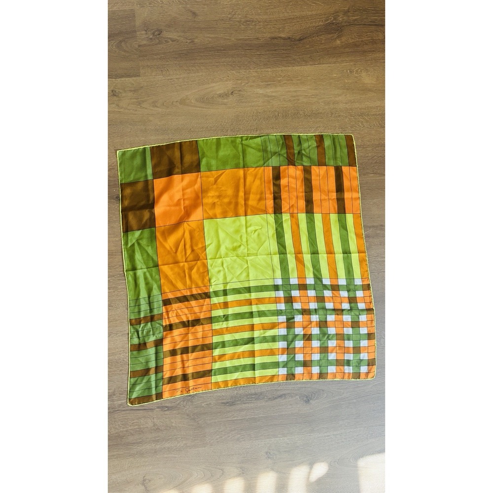 Vintage P.L. Gallieni 100% Silk Square Scarf Mod Geometric Orange Green 1970s